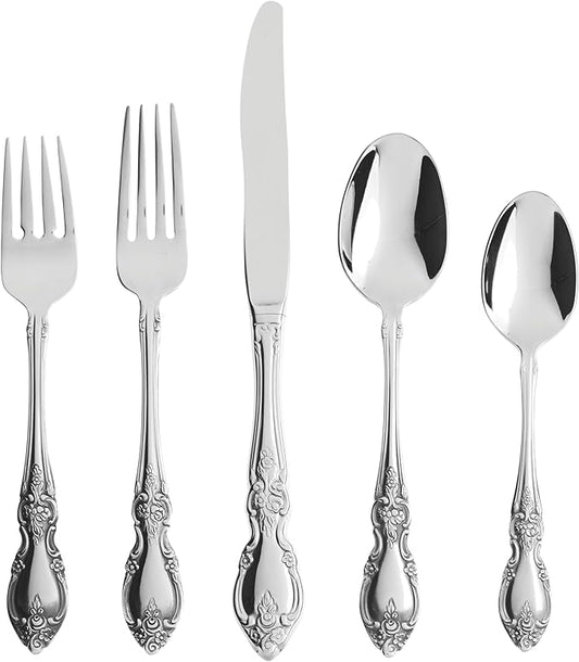 Oneida Silverware Set For 4, Louisiana 20-Piece Fine Flatware Set, Service For 4, 18/8 Stainless Steel, Silver, Mirror Finish, Knives Spoons and Forks, Dishwasher Safe, Tableware (Silver, 20 Pieces)