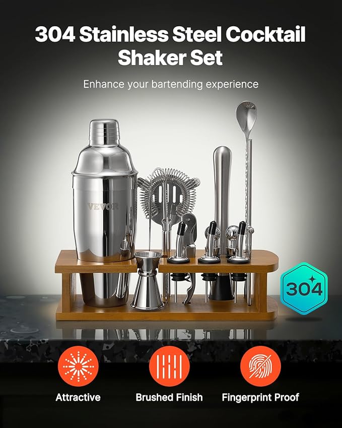 VEVOR Cocktail Shaker Set, 18-Piece Stainless Steel Bar Tools with Bamboo Stand, Martini Bartender Kit Accessories | Mixer Spoon, Muddler, Jigger, Strainer, Liquor Pourers, Ice Tong, Corkscrew, Silver