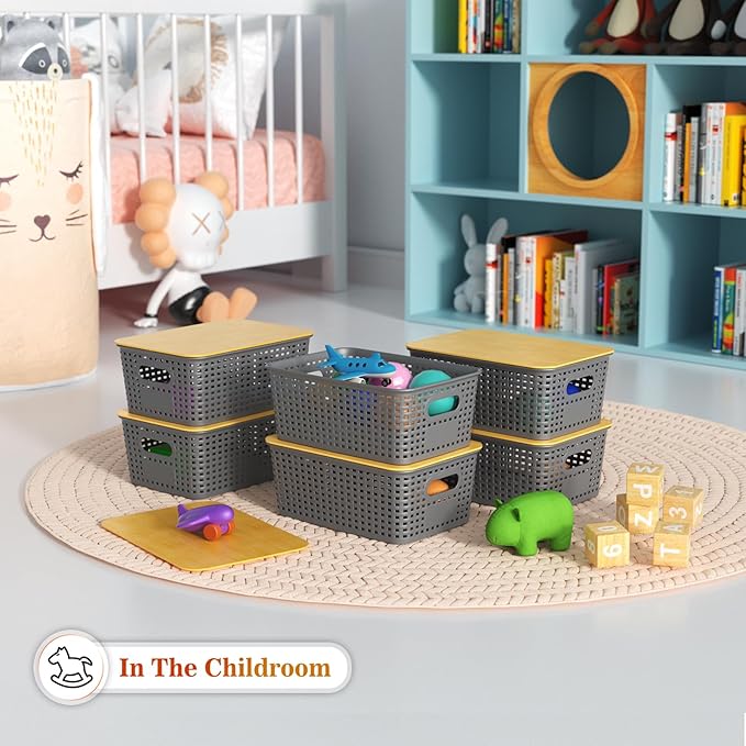 Plastic Storage Baskets With Bamboo Lid - Plastic Storage Containers Stackable Storage bins: Storage Baskets for Organizing Shelves Drawers Desktop Closet Playroom Classroom Office, 6 Pack, Gray