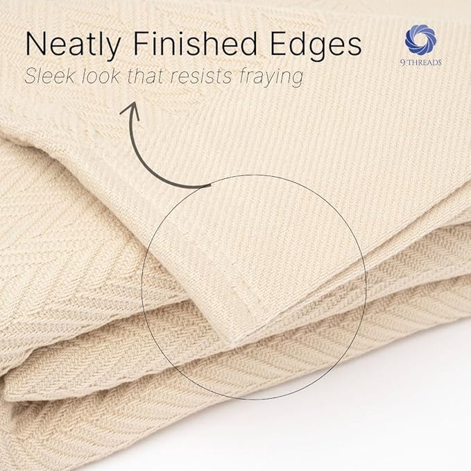 Queen Size Multipurpose Blanket, 100% Extra Long Staple Cotton, Soft & Breathable Herringbone Weave, Beige, Lightweight, Machine Washable, All-Season Throw Blanket for Bedroom & Travel