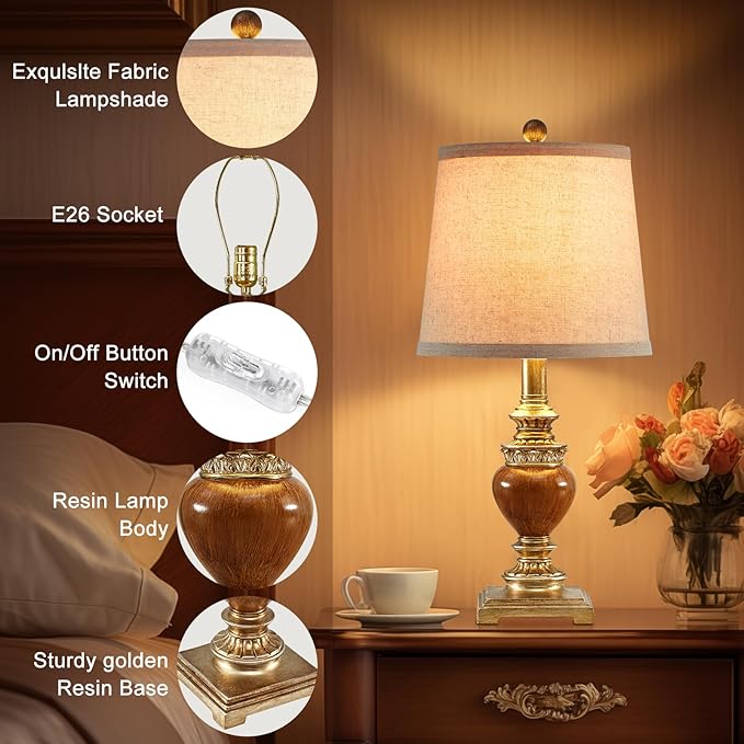 21'' Small Table Lamps for Bedroom Set of 2 Rustic Farmhouse Bedside Nightstand Lamps Traditional Side Table Lamps for Living Room Kids Home Office, Wooden Finish, Gold, Bulbs Not Include