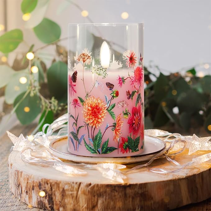 Pink Floral Glass Flameless Candles with Remote, Flickering Real Wax LED Pillar Candles Set of 3