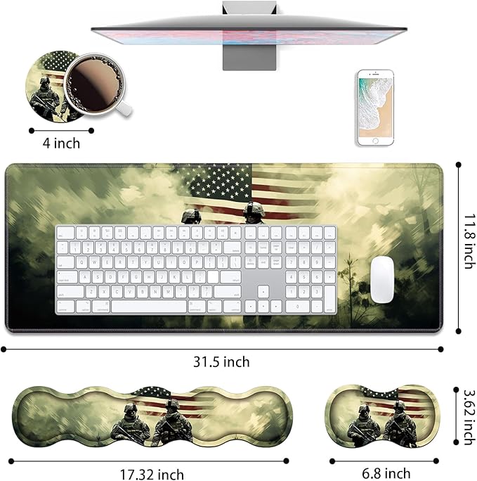 4 in 1 Ergonomic Keyboard Wrist Rest & Mouse Pad Wrist Rest Set, Large Gaming Desk Mat 31.5"x 11.8" with Non-Slip Base, Memory Foam for Home Office Study Gaming, American Military Army Troops Soldiers