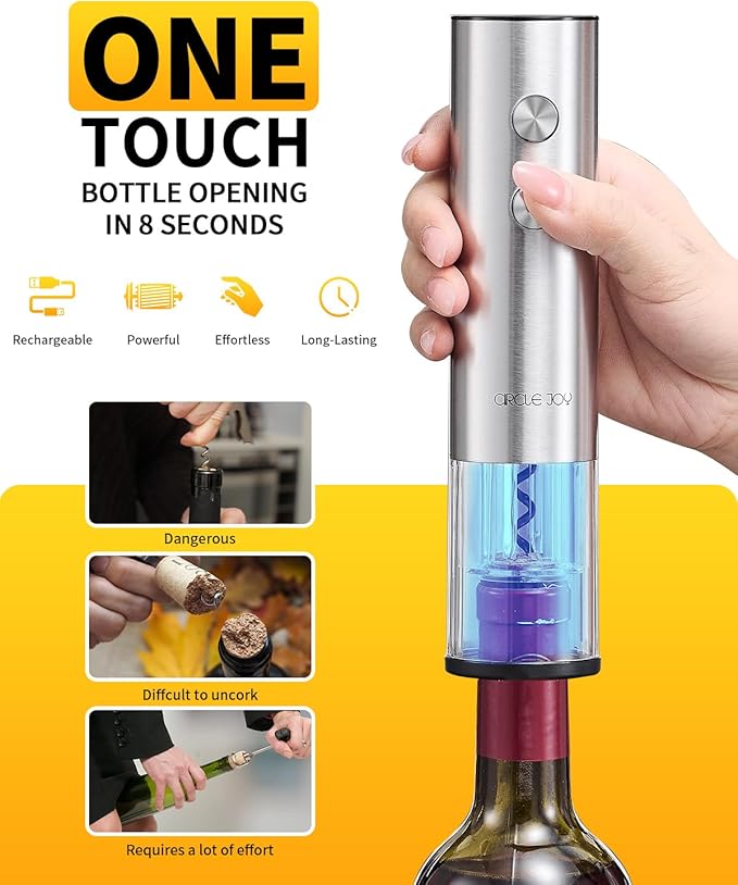 CIRCLE JOY Electric Wine Opener Rechargeable 5-in-1 Stainless Steel Wine Bottle Opener Premium Gift Set with Foil Cutter, Wine Aerator Pourer, Wine Drip Ring & Vacuum Stopper for Wine Lovers