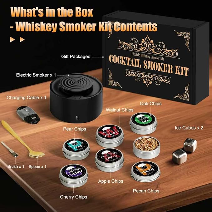 Electric Whiskey Smoker Kit with Rechargeable Built-in Lighter & LED Light, No Butane Needed, 6 Flavored Wood Chips for Old Fashioned Smoker Kit, Bourbon, Cocktail Gifts for Men Dad Husband Friends