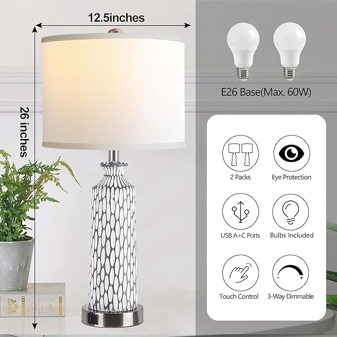QiMH Table Lamp for Living Room,Bedside Lamps for Bedroom Set of 2 with USB A+C Ports,3-Way Dimmable Touch Control, Modern Coastal White Grey Resin Nightstand Lamp, Included 2700K LED Bulbs