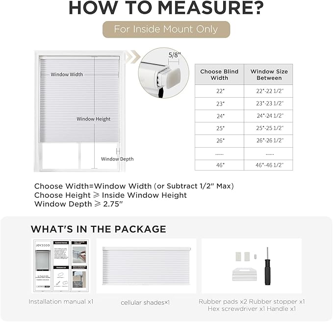 Joydeco No Tools No Drill Blinds for Indoor Windows, Cordless Window Blinds Cellular Shades Top Down Bottom Up Blackout Honeycomb Blinds Thermal Insulated Noise Reduction (Dark Brown, 28" W x 64" H)