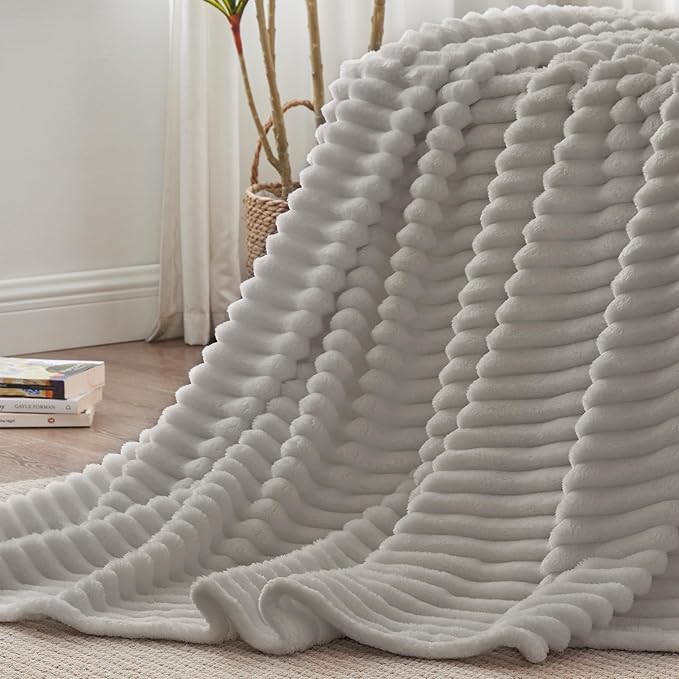 BEDELITE Blankets Queen Size for Bed, 300GSM Soft & Warm Fleece Blanket, Decorative and Giftable Striped Light Grey Blankets for Women, Men, 90"x90"