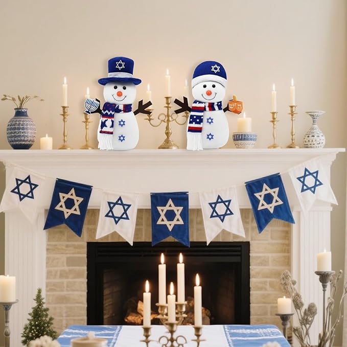 Hanukkah Decorations for Home Indoor, 2Pcs Snowman Plush Figurines with Menorah and Star of David, Jewish Gnomes Holiday Decor Chanukah Ornaments Shelf Table Display Gift Idea