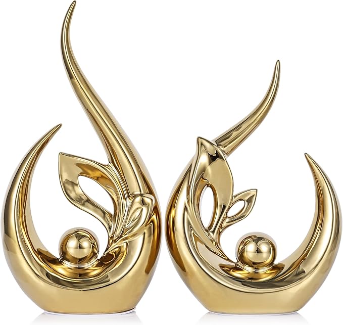 9.4" H Bright Gold Abstract Sculptures Home Decor, Ceramic Art Statue Cool Stuff to Put on Shelves&tv Stand Decor, Gold Accent Entertainment Center, for Fireplace Coffee Table Dining Table Decorate