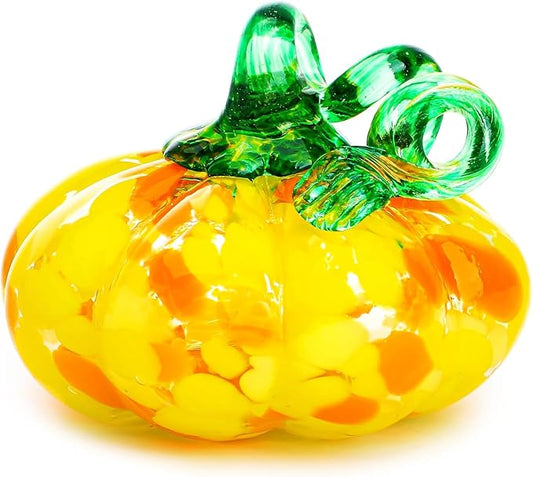 H&D HYALINE & DORA Hand Blown Glass Pumpkin Figurine for Decorations Fall, Yellow Glass Pumpkin Crafts Tabletop Decor for Autumn Halloween Thanksgiving Saints' Day Home Indoor Outdoor