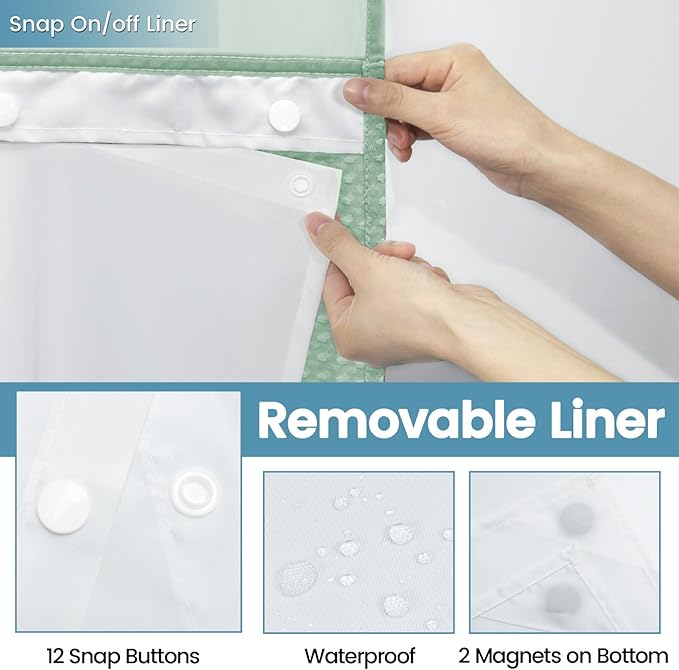 Mint Green Long No Hook Shower Curtain with Snap in Liner,230GSM Waffle Weave Shower Curtains for Bathroom,71W x 86H