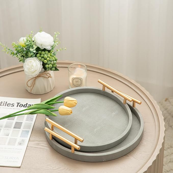 Leather Serving Tray, Set of 2 Round Shagreen Tray with Gold Polished Metal Handles, Decorative Trays Coffee Table Ottoman Trays for Living Room Bathroom Vanity Home Decor (Gray)