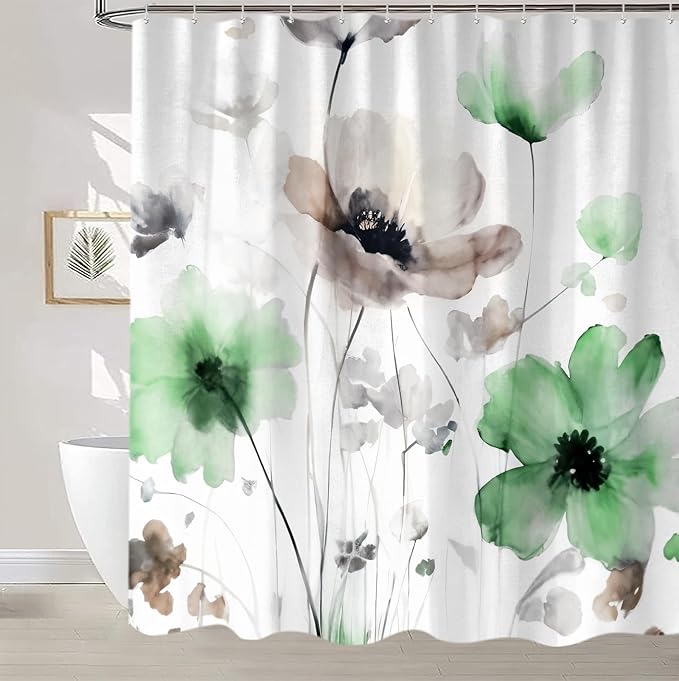 Boho Floral Shower Curtain, Cream Tan Beige Green Grey White Flower Farmhouse Fabric Shower Curtains Set for Bathroom Decorative with Hooks 72 X 72 inch Spring Bath Decor