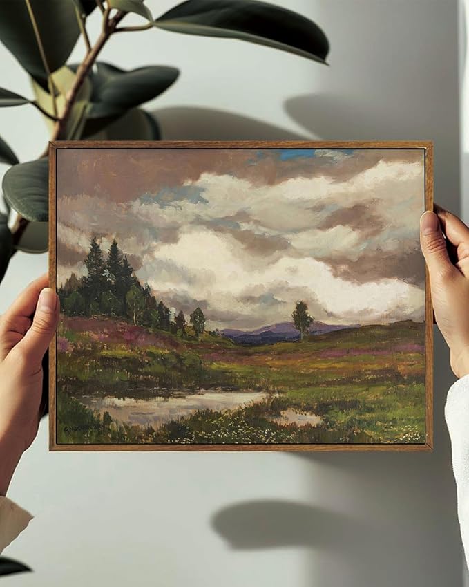KISSFOX Vintage Landscape Canvas Wall Art Farmhouse Hills Pond Clouds Framed Wall Art Natural Countryside Paintings Artwork Rustic Art Prints For Bedroom Bathroom Living Room