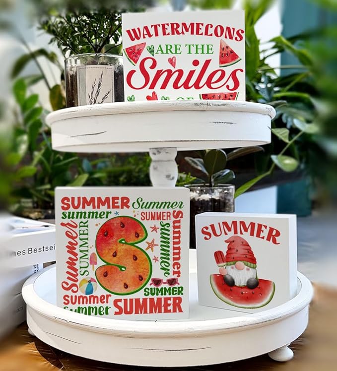 Summer Watermelon Decor for Home Watermelon Tiered Tray Decor 3 Pcs Wood Decorative Signs Table Desk Shelf Sign