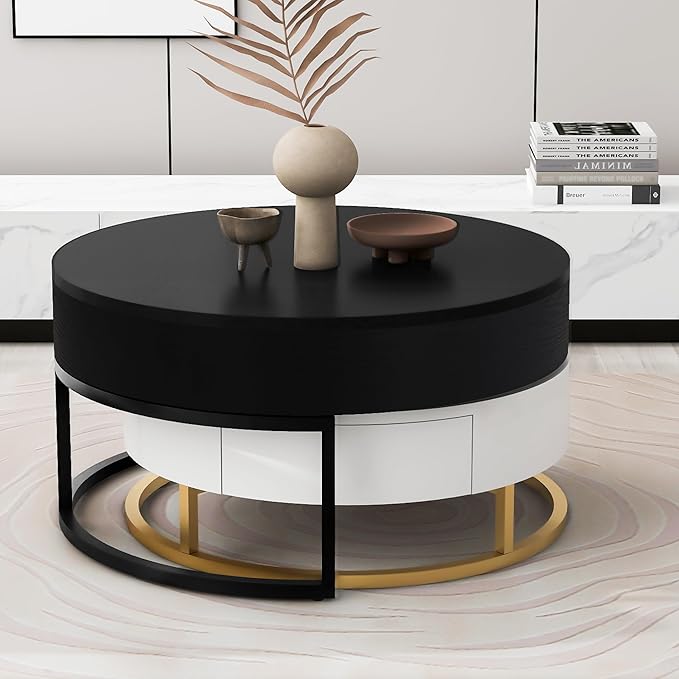 Modern Round Lift-top Nesting Coffee Tables with 2 Drawers for Living Room White & Black