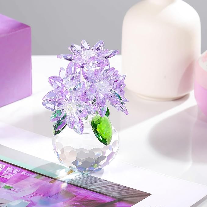 Enjinkail Handmade Crystal Daisy Figurine - Purple Glass Flowers Gifts for Women, Elegant Home Decor & Table Centerpiece