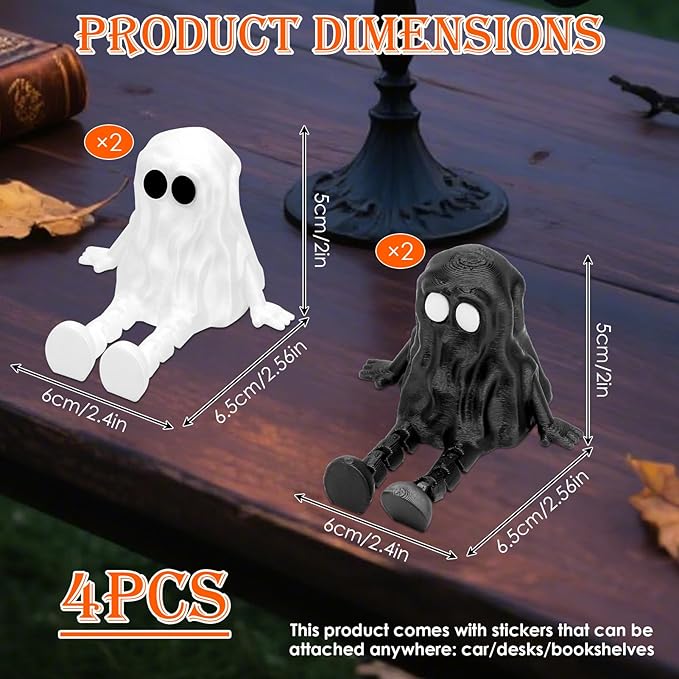 4Pcs Halloween Decorations,Ghost Decor Shelf Sitter Decorations, Outdoor,3D Printed Resin Statue, Joint Movable Figurines Bookshelf/Desk Centerpiece Shelf & Mantel Display for Halloween