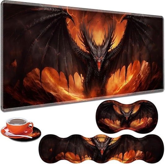 Large Gaming Table Pad 31.5 "x 11.8" + Keyboard Wrist Pad + Mouse Wrist Pad + Coaster Non-Slip Base 4-in-1 Set, Ergonomic Memory Foam, Easy Typing Pain Relief, Rock Wings Black Dragon Fire