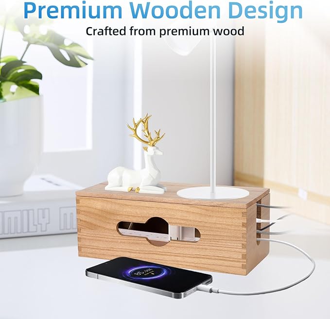 3PCS Wooden Cable Management Box Kit Wooden Cable Hider Storage Box Cord Organizer to Hide Cords & Wires for Desk Organization Protector Box for Home Office Kitchen Desk TV Computer Wires (S + M + L)