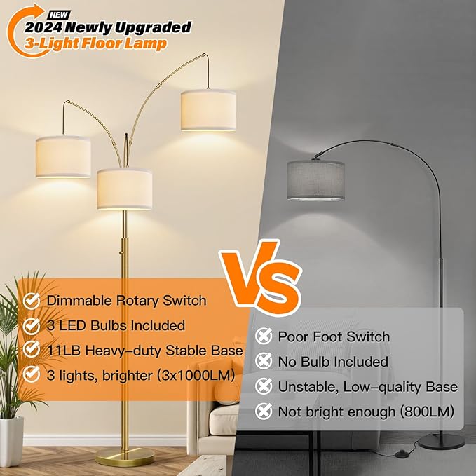 Nintiue Dimmable Floor Lamp - 3 Lights Brass Arc Floor Lamps for Living Room, 1000LM Modern Tall Standing Lamp with Linen Shades, Mid Century Tree Floor Lamp for Bedroom Office, 3 LED Bulbs Included