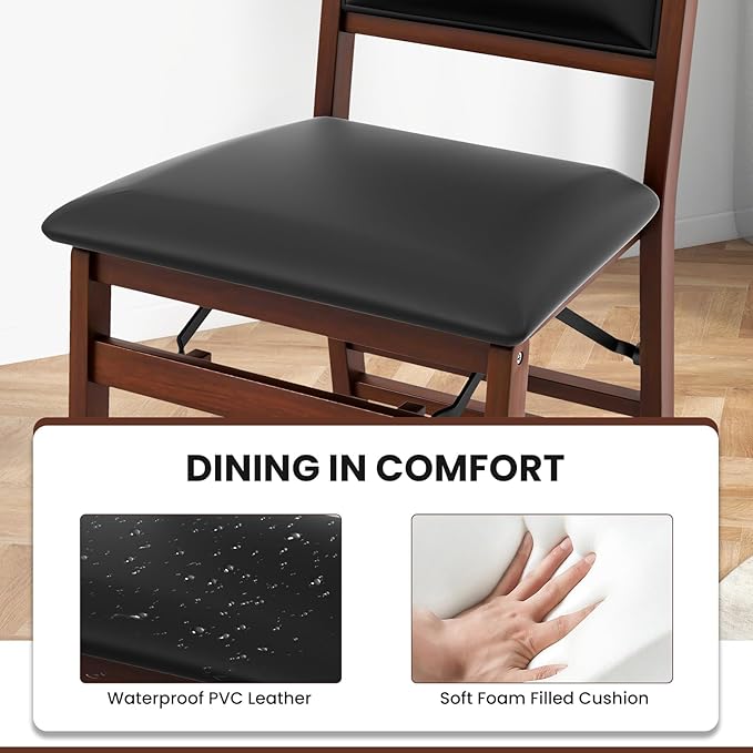 COSTWAY Folding Dining Chairs Set of 4, Wooden Kitchen Side Chairs w/Padded Seat, Solid Wood Frame, 400 LBS Load Bearing, No Assembly Needed, Vintage Foldable Chairs for Dining Room, Living Room