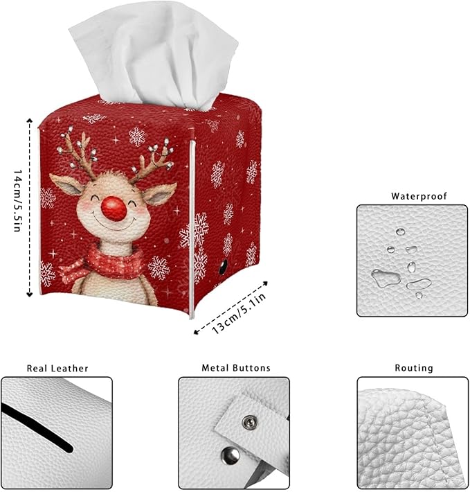 Christmas Square Tissue Box Cover Aesthetic Desk Decor for Home Office Car, PU Leather Tissues Cube Boxes Holder Bedroom/Bathroom/Kitchen Facial Napkin Holder Storage