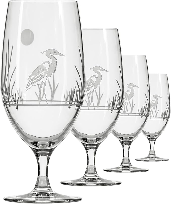 Rolf Glass Heron Footed Iced Tea Glass | 16oz Set of 4 Glasses | Lead-Free Diamond-Wheel Engraved Glass | Made in the USA
