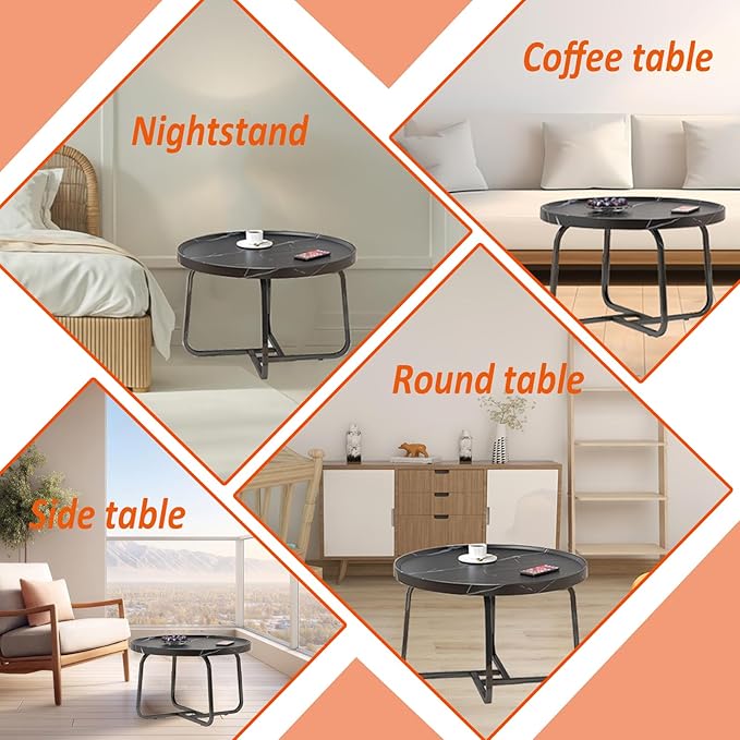 Round Coffee Table, 20 inch Circle Coffee Table with Fluted & Sturdy Metal Legs, Small End Table Center Table for Living Room Bedroom Office Balcony Yard (Black, 20 inches)