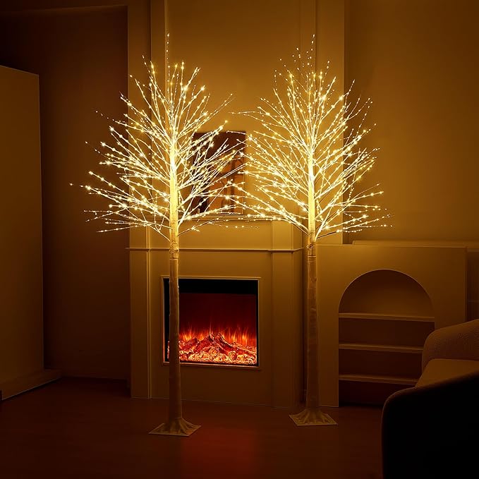 Baquler 2 Pack Lighted Birch Tree - Artificial LED Warm-White Light Birch Tree Decoration for Christmas Holiday Party Wedding Festival Decor, Indoor & Outdoor (8 ft)