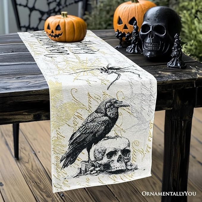 Timeless Table Runner with Elegant Designs for Every Occasion (Elegant 72" Gothic Jacquard Table Runner, Halloween Tablecloth with Spider Webs and Black Ravens)