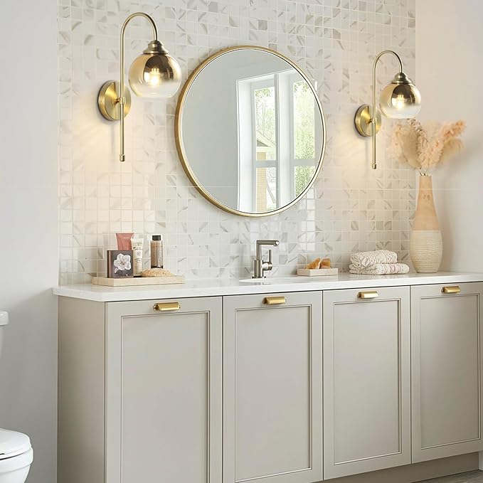 KCO Lighting Brass Wall Sconces Vintage Rose Gold Armed Sconce Mid Century Modern Long Sconces Wall Lighting Indoor Large Glass Globe Wall Sconce Bathroom Vanity Wall Light for Bedroom