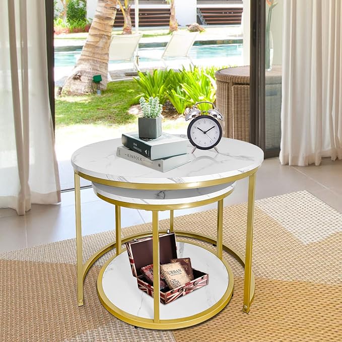 AT-VALY Coffee Table Set of 2 Nesting Tables,Round Side Table for Living Room, Small Accent Table with Storage (Gold)