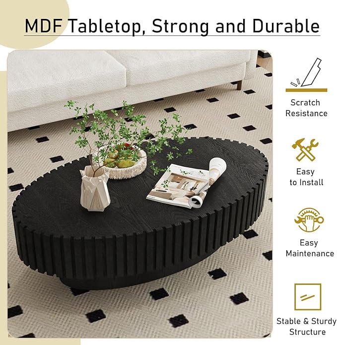 Oval Fluted Coffee Table Mid Century Modern Coffee Tables with Handcrafted Relief Ellipse Drum End Table Rustic Industrial Center Tables for Apartment Living Room (Black Oval)