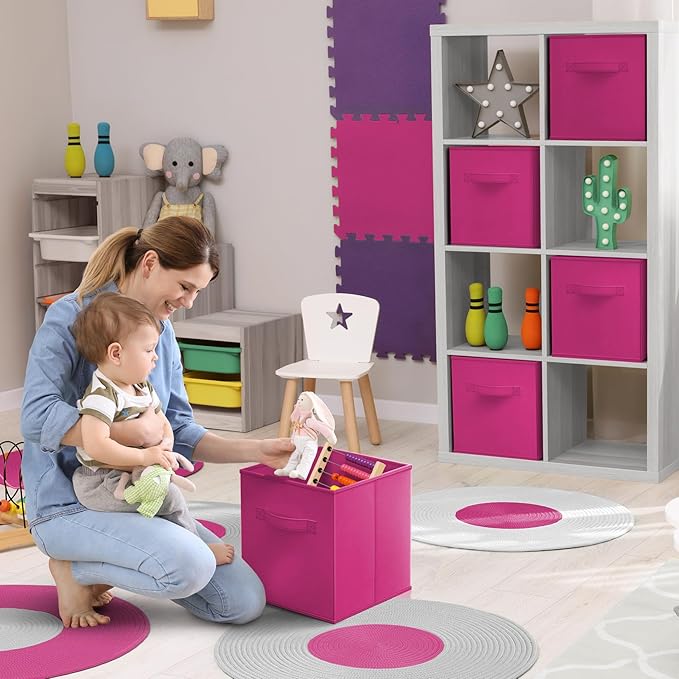 Sorbus Foldable Storage Cubes - 6 Pink Storage Bins for Organizing Pantry, Closet, Shelf, Nursery, Playroom, Toy Box, Cubby - 11 Inch Collapsible Fabric Baskets with Handle