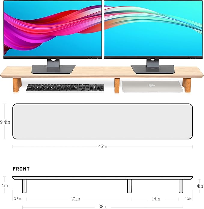 Aothia Large Dual Monitor Stand Riser, Solid Wood Desk Shelf with Eco Cork Legs for Laptop Computer/TV/PC/Printers, Perfect Desktop Stands Organizer with Underneath Storage for Office Accessories