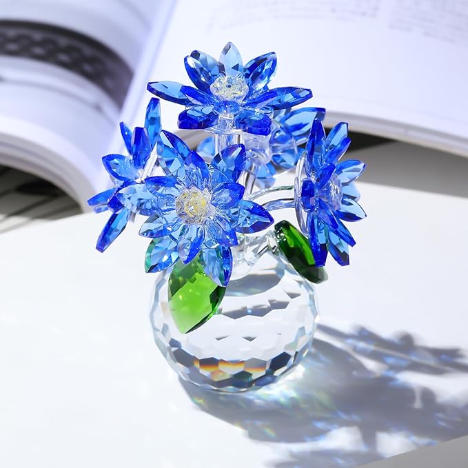 Enjinkail Handmade Crystal Daisy Figurine - Blue Glass Flowers Gifts for Women, Elegant Home Decor & Table Centerpiece