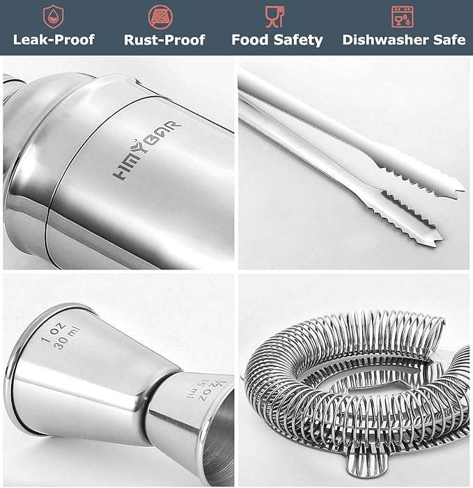 HMYBAR® 22-pc Cocktail Shaker Set(24oz/700ml) | Mixology Bartender Kit | Bar Tool Set | Martini Making Set with 39-Recipe Cocktail Cards & Kit's Deco, Bamboo Stand Natural Color, Silver Tools