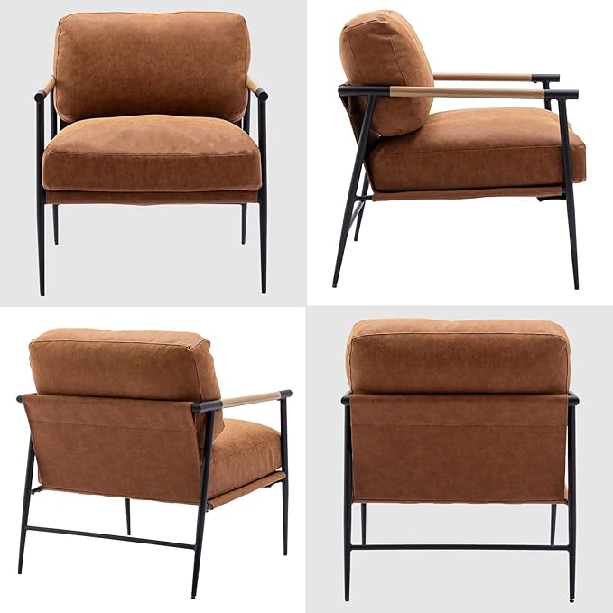 DUOMAY Mid-Century Modern Accent Chair Armchair, Soft PU Leather Sofa Lounge Chair Reading Chair with Metal Leg for Living Room Bedroom Office, Brown