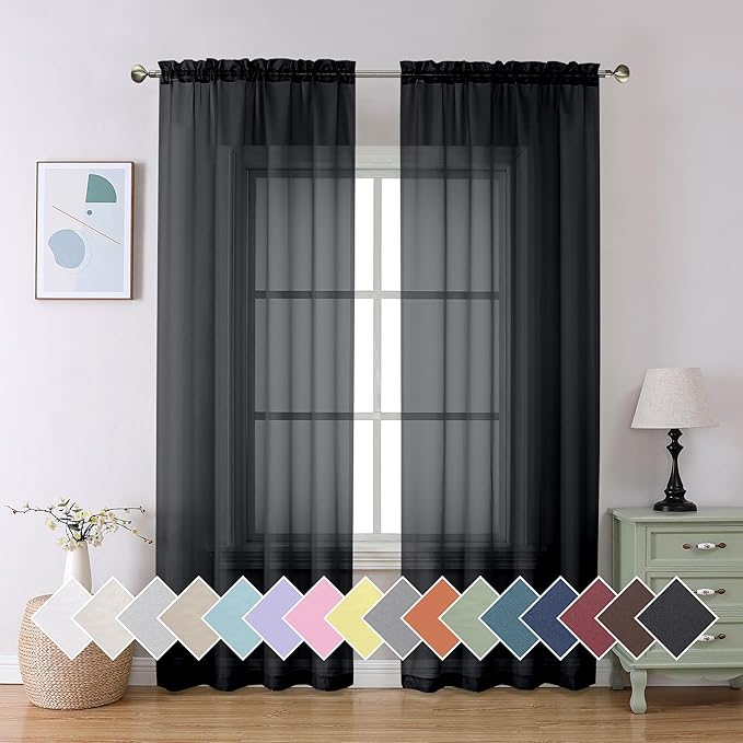 Aiyufeng 2 Panels Solid Color Semi Transparent Sheer 84" Length Window Curtains, Elegant Voile Panels/Draperies/Treatment for Bedroom Living Room Black, 2 Panels=80" W