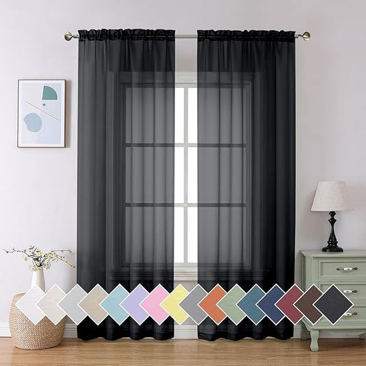 Aiyufeng 2 Panels Solid Color Semi Transparent Sheer 84" Length Window Curtains, Elegant Voile Panels/Draperies/Treatment for Bedroom Living Room Black, 2 Panels=80" W