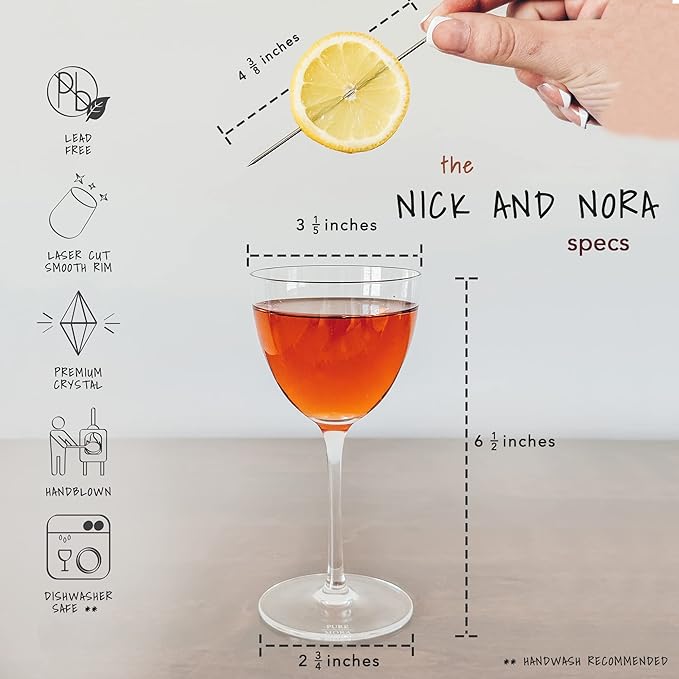 PURE MORA Nick and Nora Glasses, Set of 4-6oz - Smaller Cocktail Glass for Bijou, Old Pal, Aperitifs, Negroni, Vermouth, Wine, etc. Hand Blown Premium Crystal - Classic Bartender Mixology Glassware