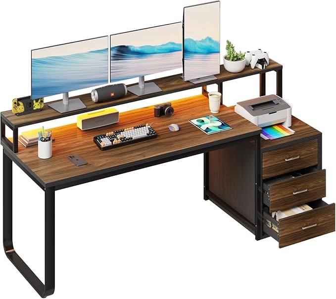 HOMBCK 67" Computer Desk with 3 Drawers, Home Office Desk with Long Monitor Stand and Printer Space, Office Desk with Storage & LED Lights, Writing Desk with Drawers, Black and Walnut