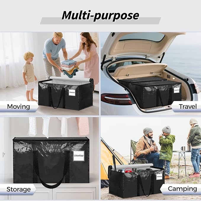 8 Pack Extra Large Heavy Duty Moving Bags, Black Storage Bins with Lids, Reinforced Handles & Heavy-Duty Zippers Moving Boxes Storage Bags Totes for Clothes Packing, Dorms, College Supplies, Black