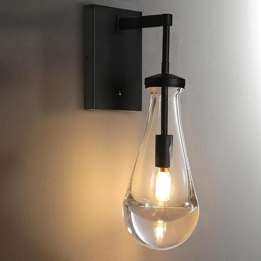 HuisMier Raindrop Wall Sconces, Black Wall Sconces with On/Off Switch, Modern Clear Glass Wall Lamp Vanity Light Fixtures for Bathroom Bedroom Living Room Hallway, Hardwired
