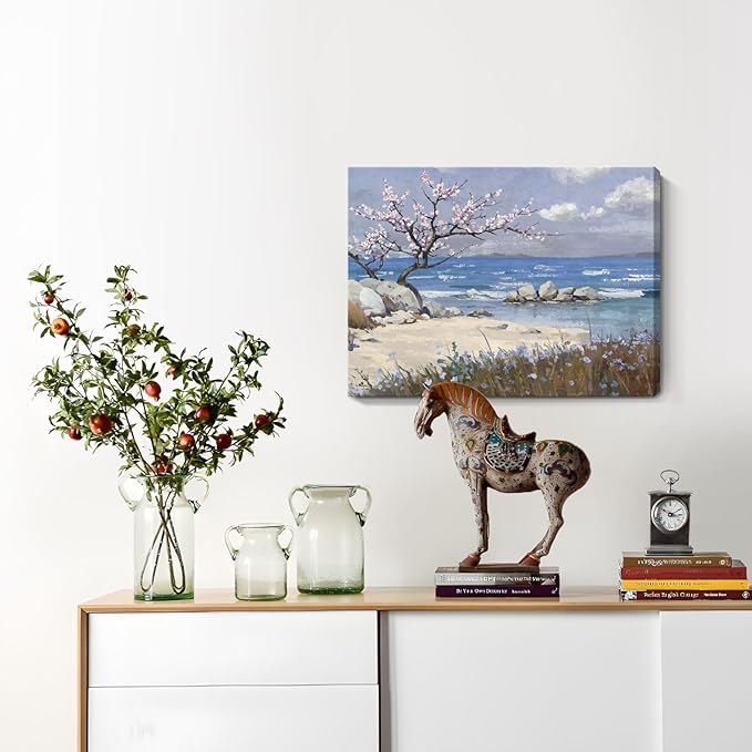 amatop Coastal Wall Art Small Bathroom Bedroom Kitchen Decor, Serene Pink Blossom Floral Tree Shore Calm Sea Beach Landscape Canvas Print Blue Ocean Scenery Abstract Nature Artwork for Walls 16x12 In