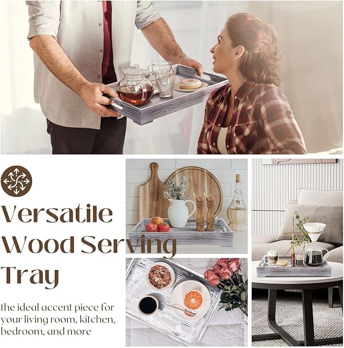 Flexzion Rustic Wooden Serving Tray with Handle - 3-Piece Set of Wooden Trays for Ottomans, Torched Whitewash Nesting Trays for Eating, Decoration, Coffee, Stackable Rectangular Breakfast Trays