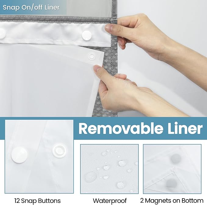 Grey Long Shower Curtain and Liner Set - 230GSM Waffle Weave Textured Heavy Duty,Hotel Luxury Weighted Bath Curtain,71W x 86H