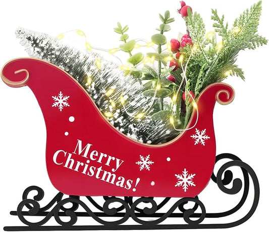 Christmas Table Decorations Christmas Sleigh Table Decor Christmas Table Decorations Small Santa Sleigh with Pine Twigs & Red Berries, Festive Holiday Centerpiece for Home Office Party Decor